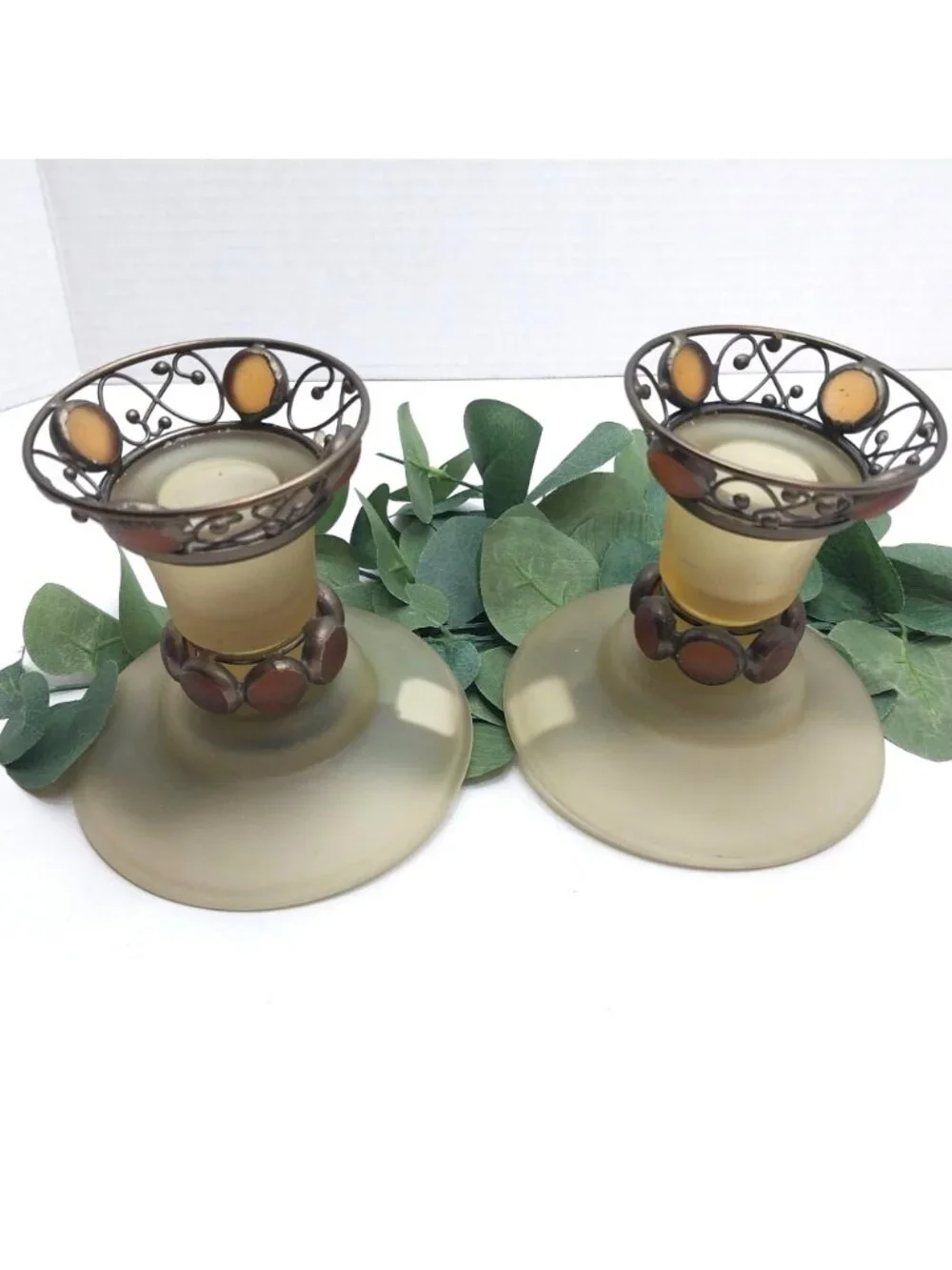 Partylite Paris Frosted Glass Metal Tealight Candle Holders Amber Vintage Pair - Picture 7 of 7